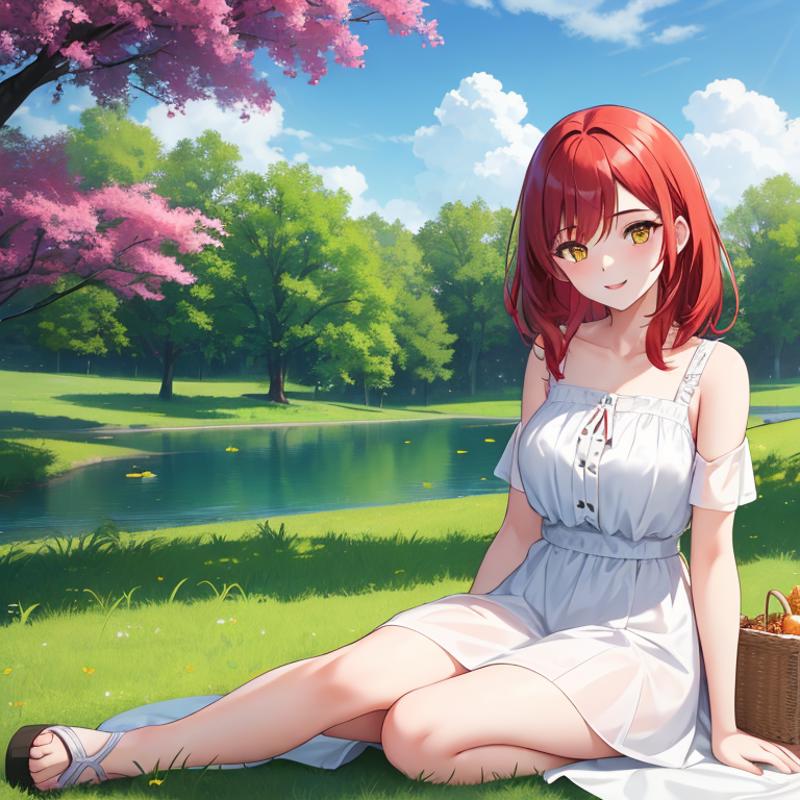 00151-2299588986-1Girl, mature, American, redhead, medium hair, yellow eyes, sitting on a picnic blanket near a lake, elegant summer dress, happy.png